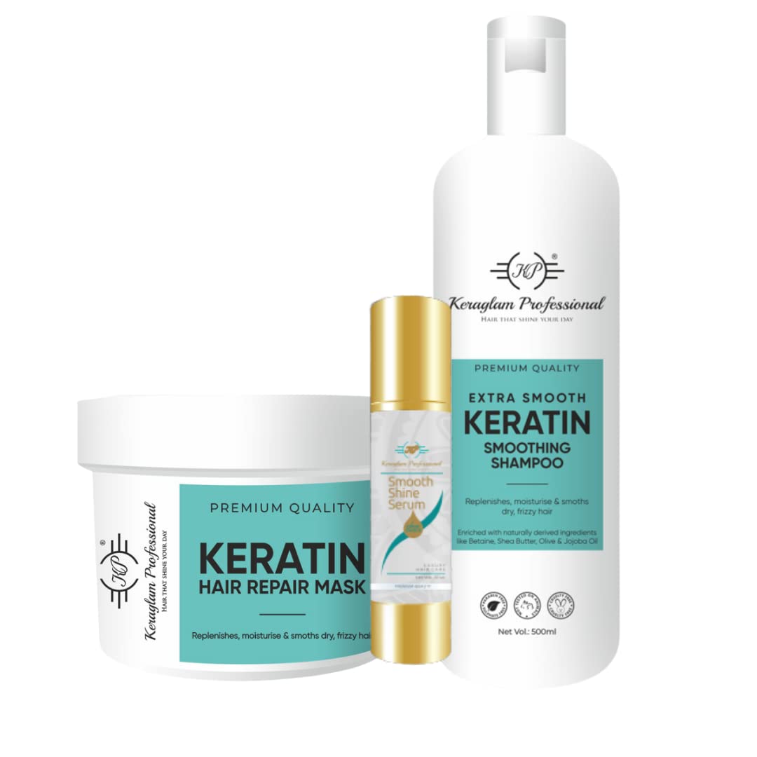 Keratin Smoothing Shampoo, Hair Mask & Hair Serum (Combo Kit) by Keraglam Professional